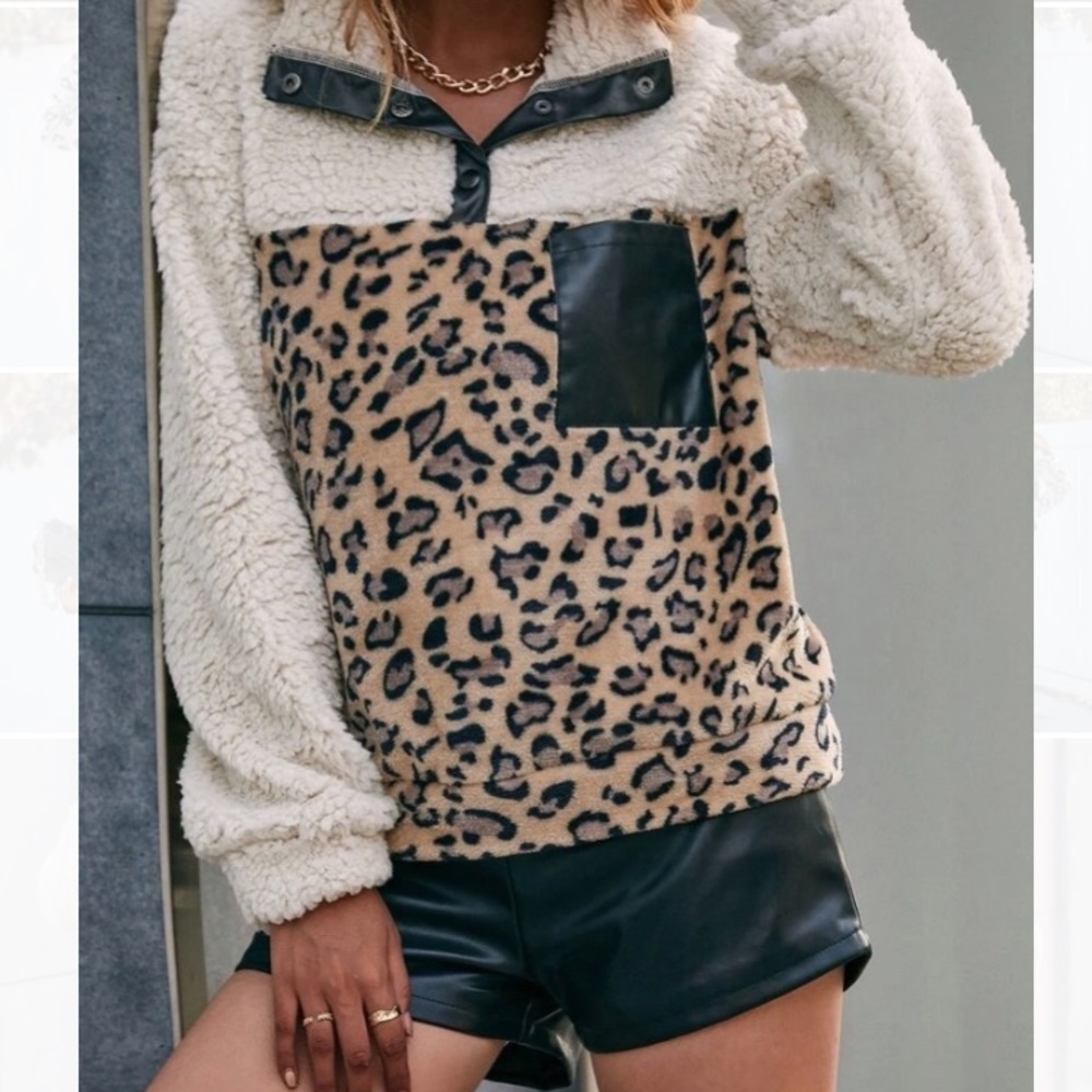 🆕NEW!🛍 Fierce Feline Sherpa Pullover with Vegan Leather Details